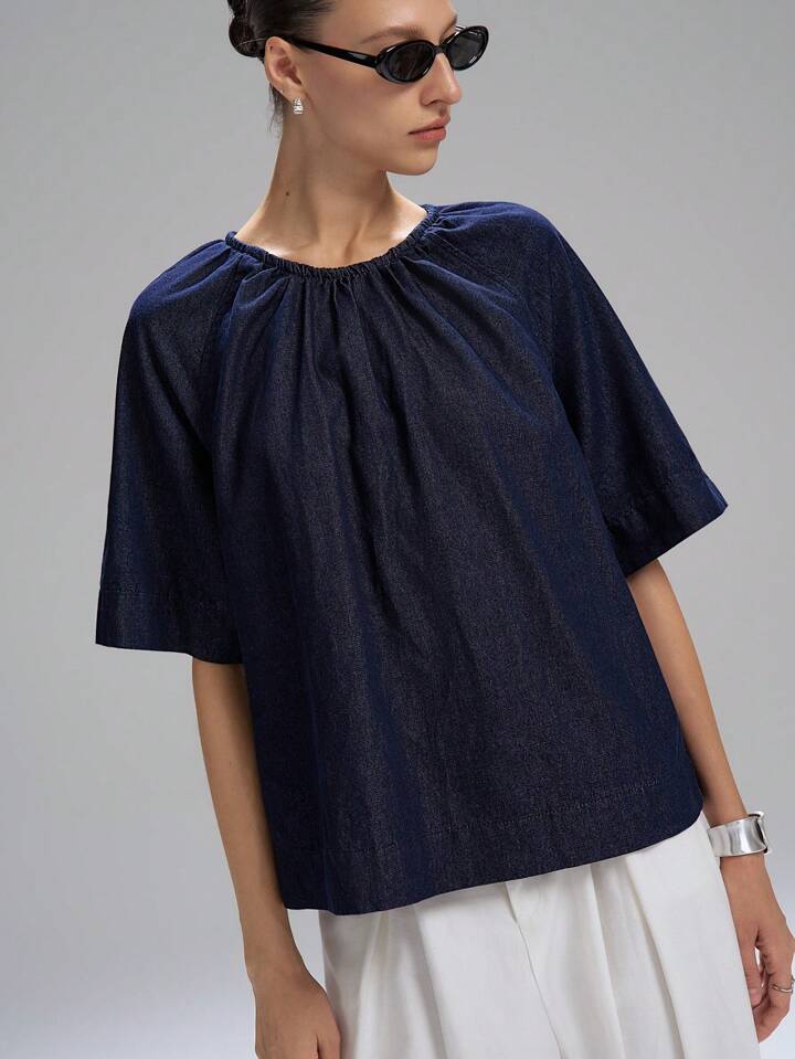 CM-TS435444 Women Casual Seoul Style Drawstring Round Neck 3/4 Sleeve Denim Loose Blouse - Blue