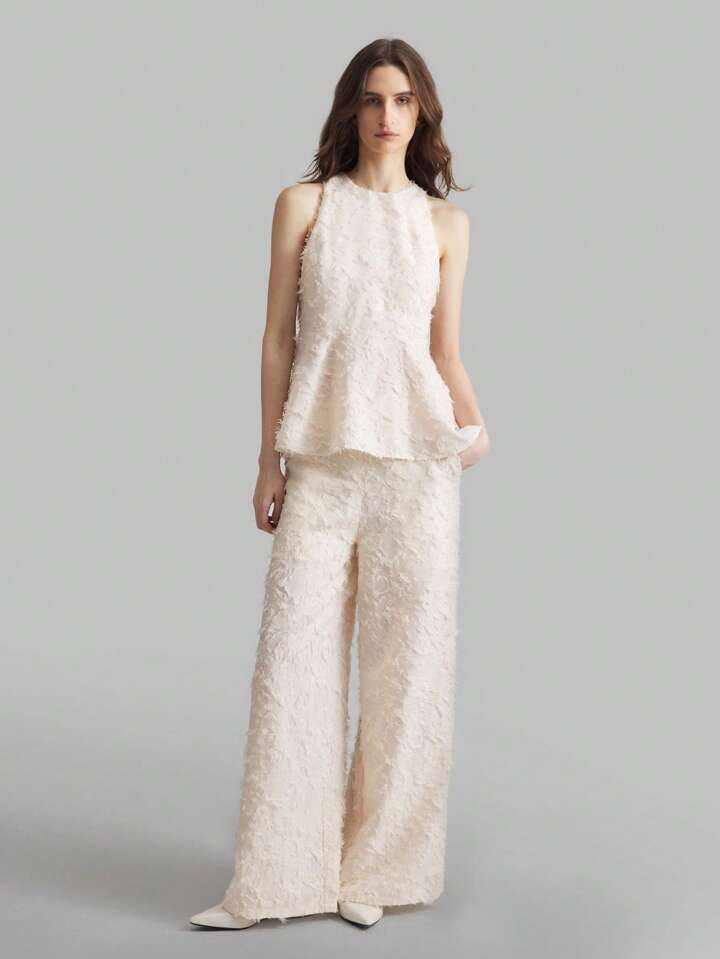 CM-SS081171 Women Elegant Seoul Style Texture Round Neck Sleeveless Top With Wide Leg Pants - Set