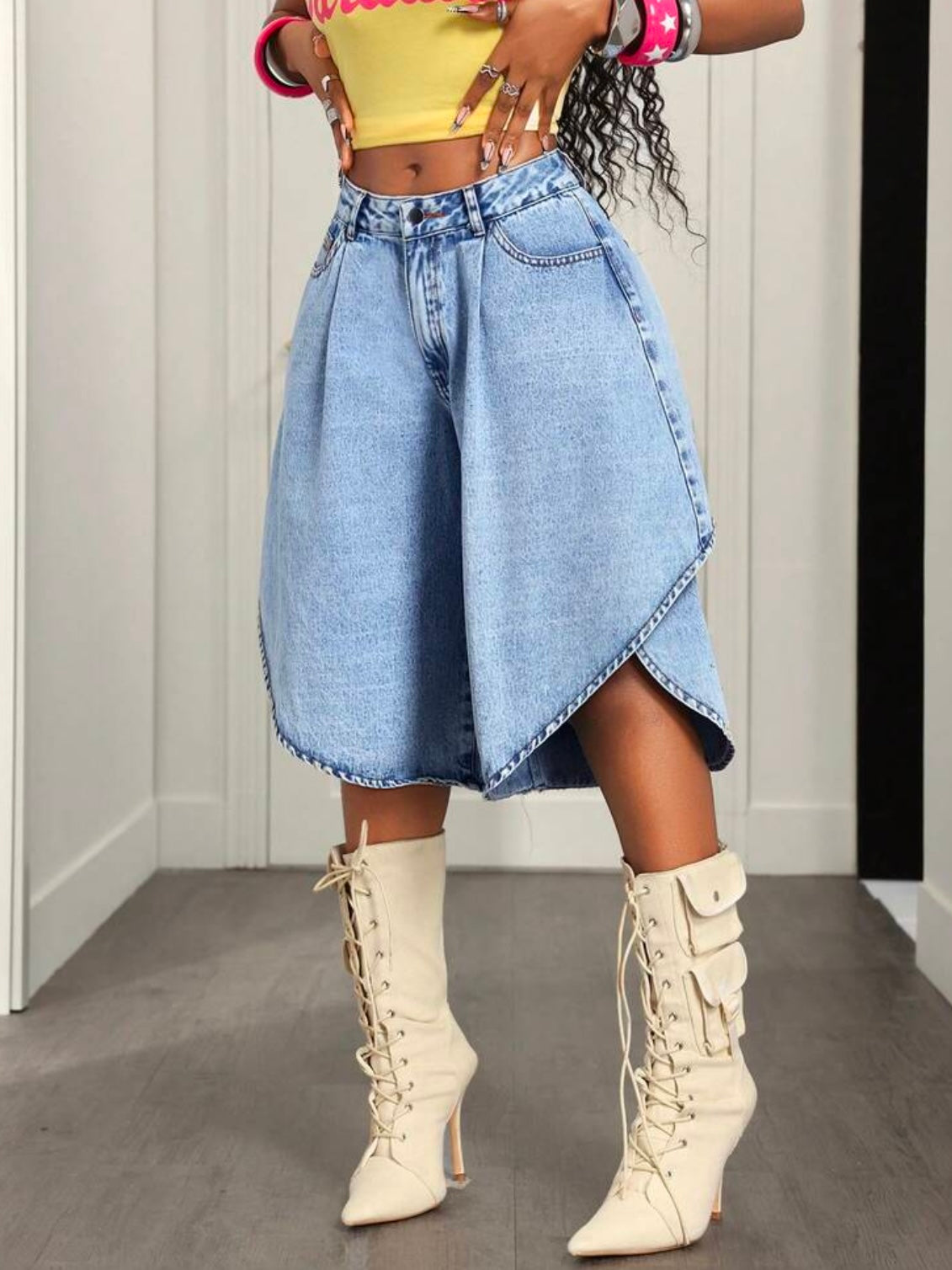CM-BS362252 Women Casual Seoul Style Mid Waist Loose Fit Wide Leg Denim Shorts - Blue