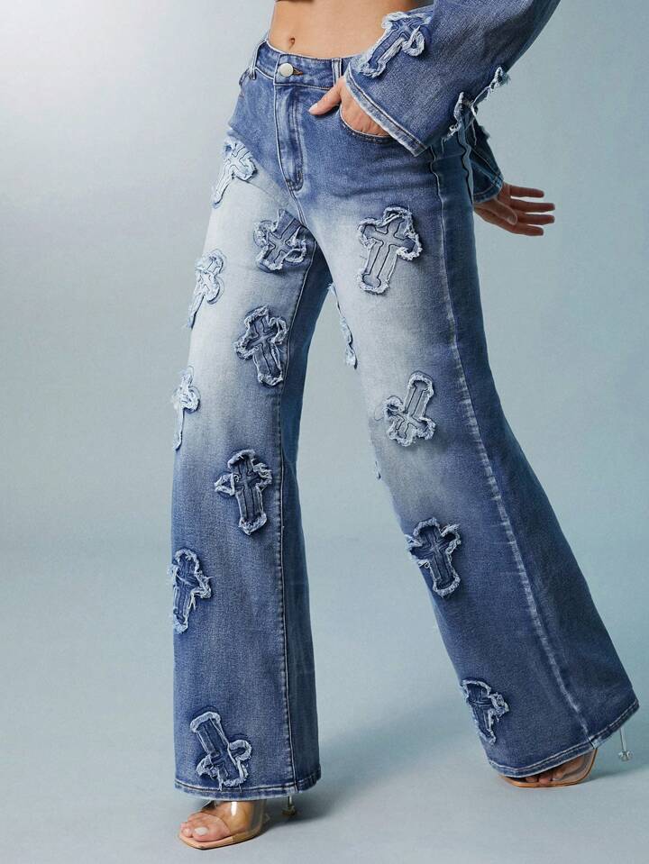 CM-BS081312 Women Casual Seoul Style Medium Wash Cross Patch Washed Wide Leg Jeans