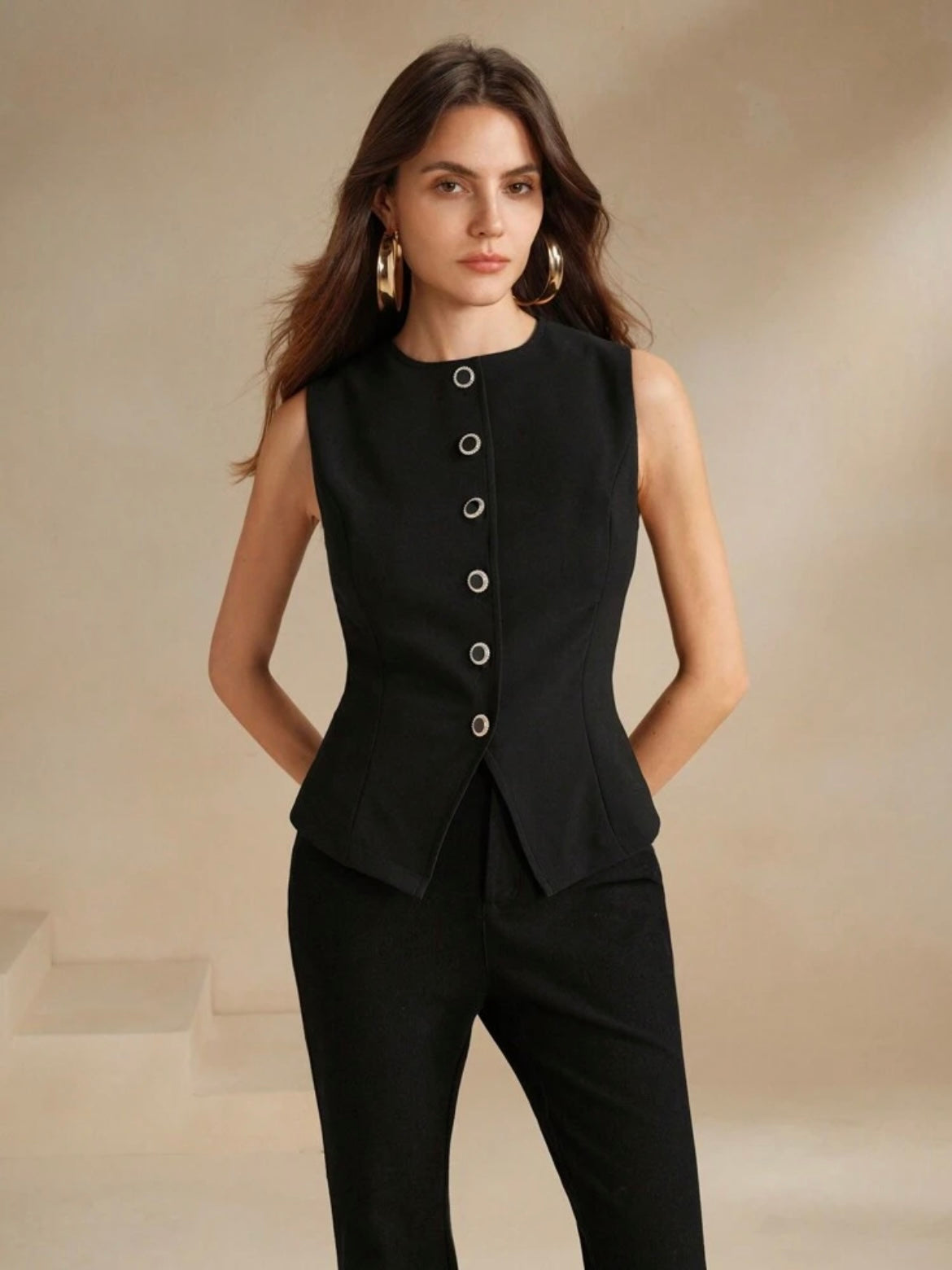 CM-TS041048 Women Elegant Seoul Style Round Neck Single-Breasted Asymmetrical Top - Black