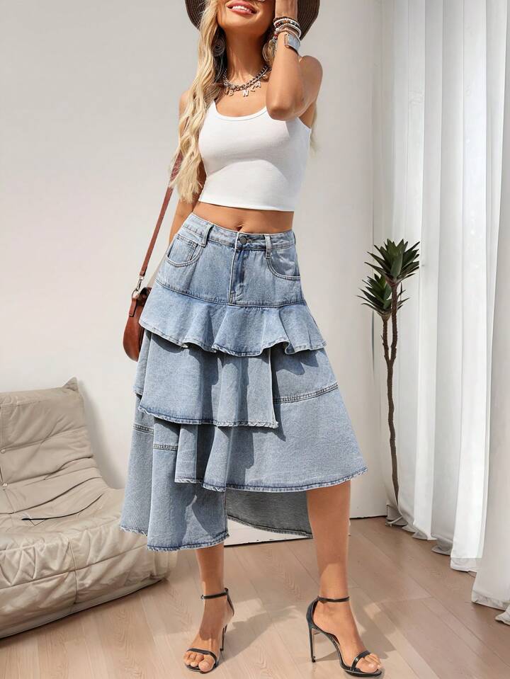 CM-BS210224 Women Casual Seoul Style Asymmetrical Layered A-Line Denim Mini Skirt - Blue