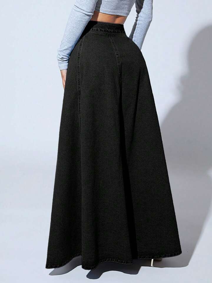 CM-BS790210 Women Casual Seoul Style High Waist Button Front Extra Long Denim Skirt - Black