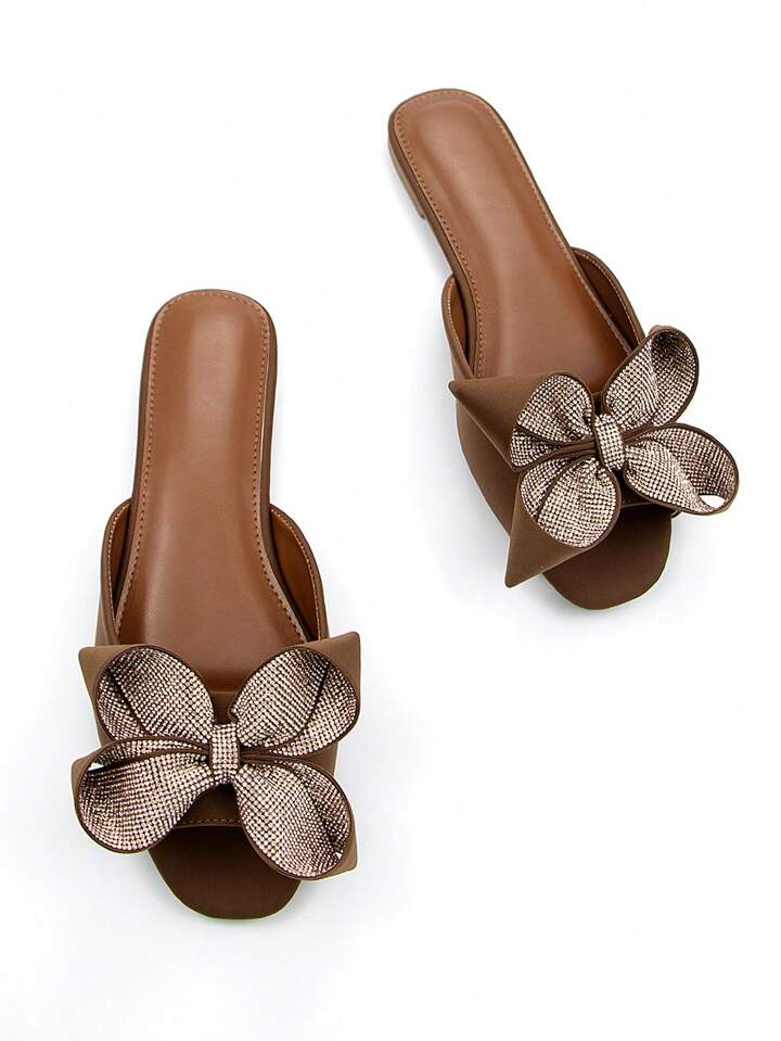 CM-SHS586508 Women Trendy Seoul Style 3D Rhinestone Floral Bow Decor Square Toe Mule Sandals - Brown