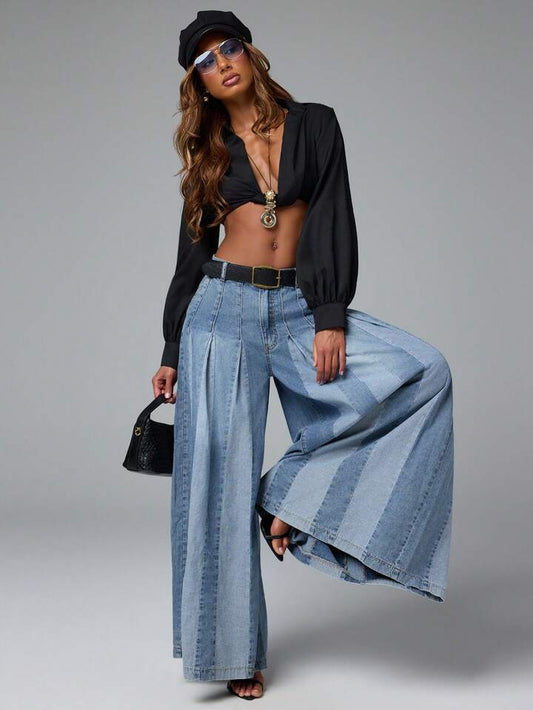 CM-BS851606 Women Casual Seoul Style Medium Wash Two Tone Color Block Wide Leg Flowy Baggy Jeans