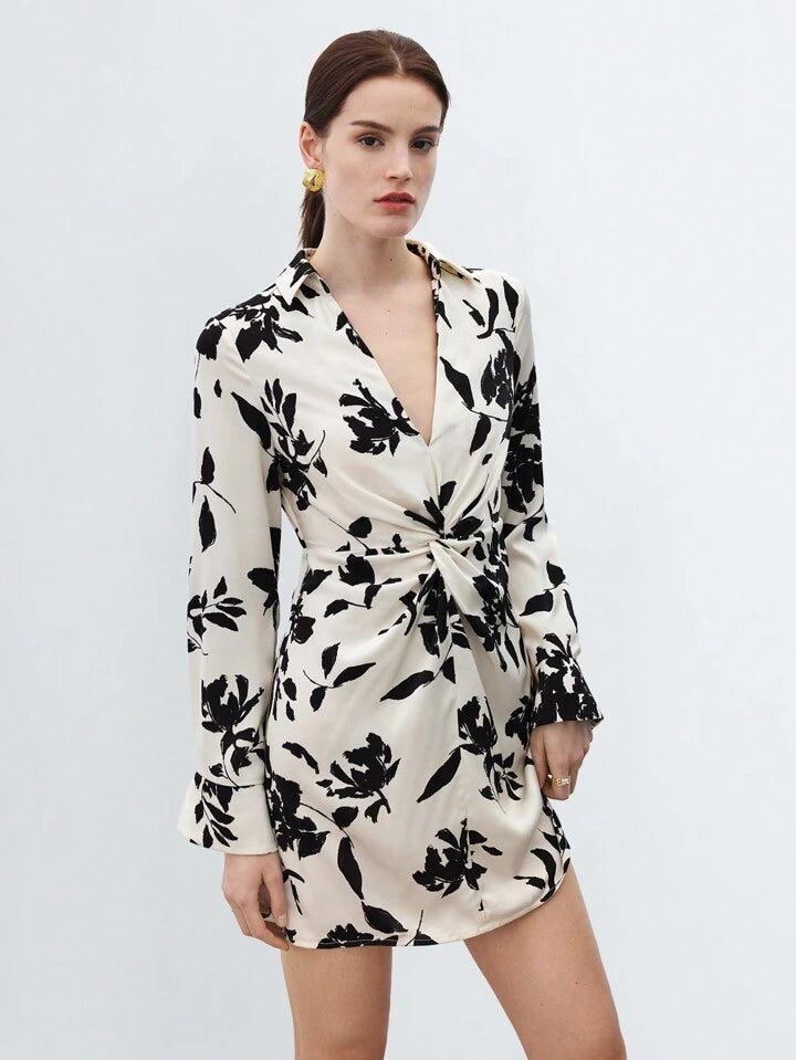 CM-DS105957 Women Casual Seoul Style V-Neck Long Sleeve Printed Twist Knot Mini Dress