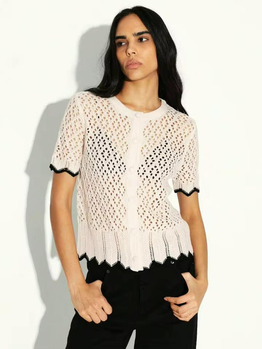 CM-TS431191 Women Trendy Bohemian Style Contrast Trim Short Sleeve Open Front Knit Cardigan Top