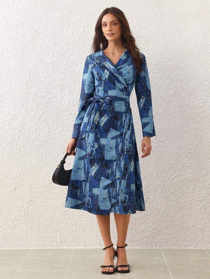CM-DS016397 Women Elegant Seoul Style V-Neck Long Sleeve Patchwork Print Overlap Collar Denim Dress
