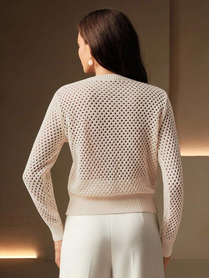 CM-CS497460 Women Elegant Seoul Style Floral Embroidery Hollow Out Crew Neck Long Sleeve Sweater - White