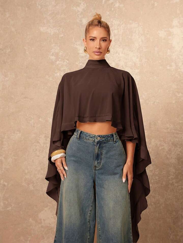 CM-TS104645 Women Casual Seoul Style Asymmetric Ruffle Hem Loose Collar Shawl Blouse - Brown