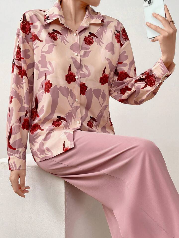 CM-SS278949 Women Casual Seoul Style Floral Front Button Long Sleeve Blouse With Pants - Sets