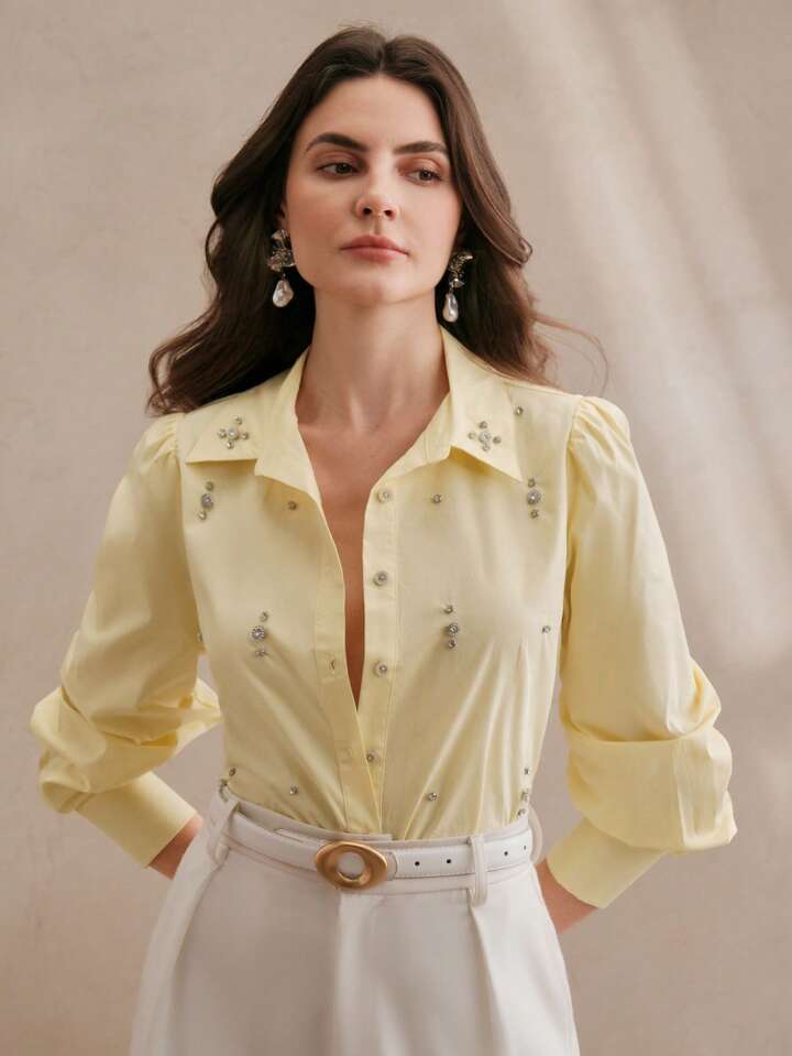 CM-TS115884 Women Elegant Seoul Style Long Sleeve Rhinestone Button Blouse - Yellow