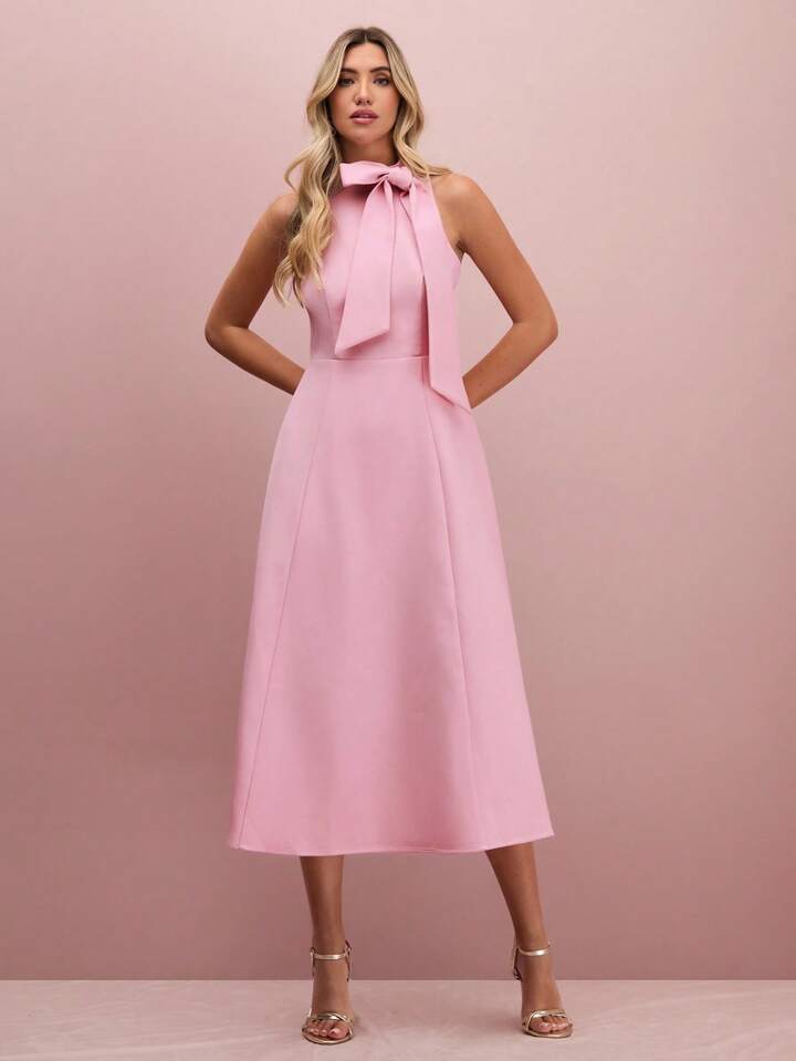 CM-DS051639 Women Elegant Seoul Style Tie Neck Sleeveless High Waist A-Line Midi Dress - Pink