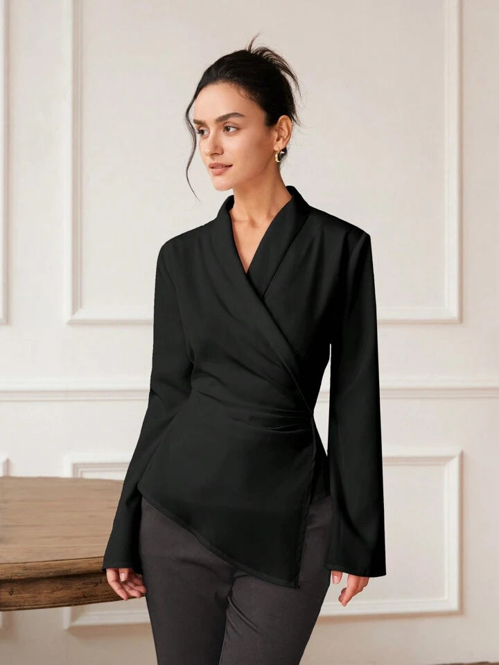 CM-TS247040 Women Elegant Seoul Style Cross Wrap Asymmetric Hem Long Sleeve Blouse - Black