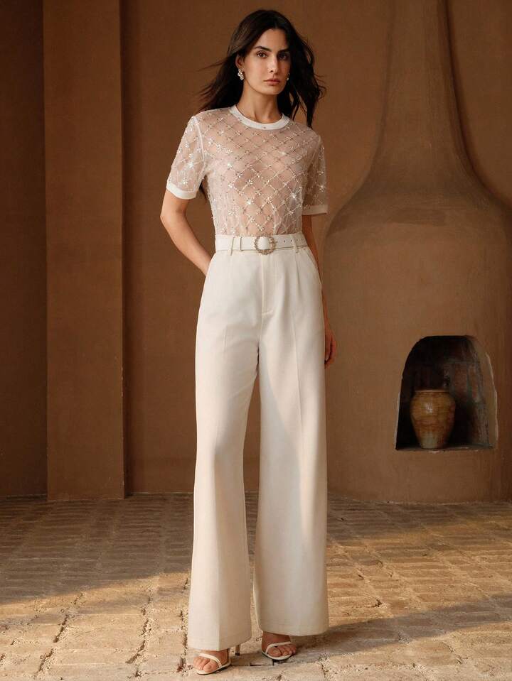 CM-TS032628 Women Elegant Seoul Style Floral Sequin Beaded Sheer Mesh Round Neck Short Sleeve Blouse