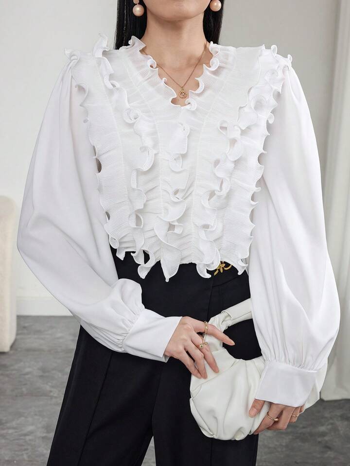 CM-TS600109 Women Elegant Seoul Style V-Neck Loose Fit Long Sleeve Frill Trim Blouse - White