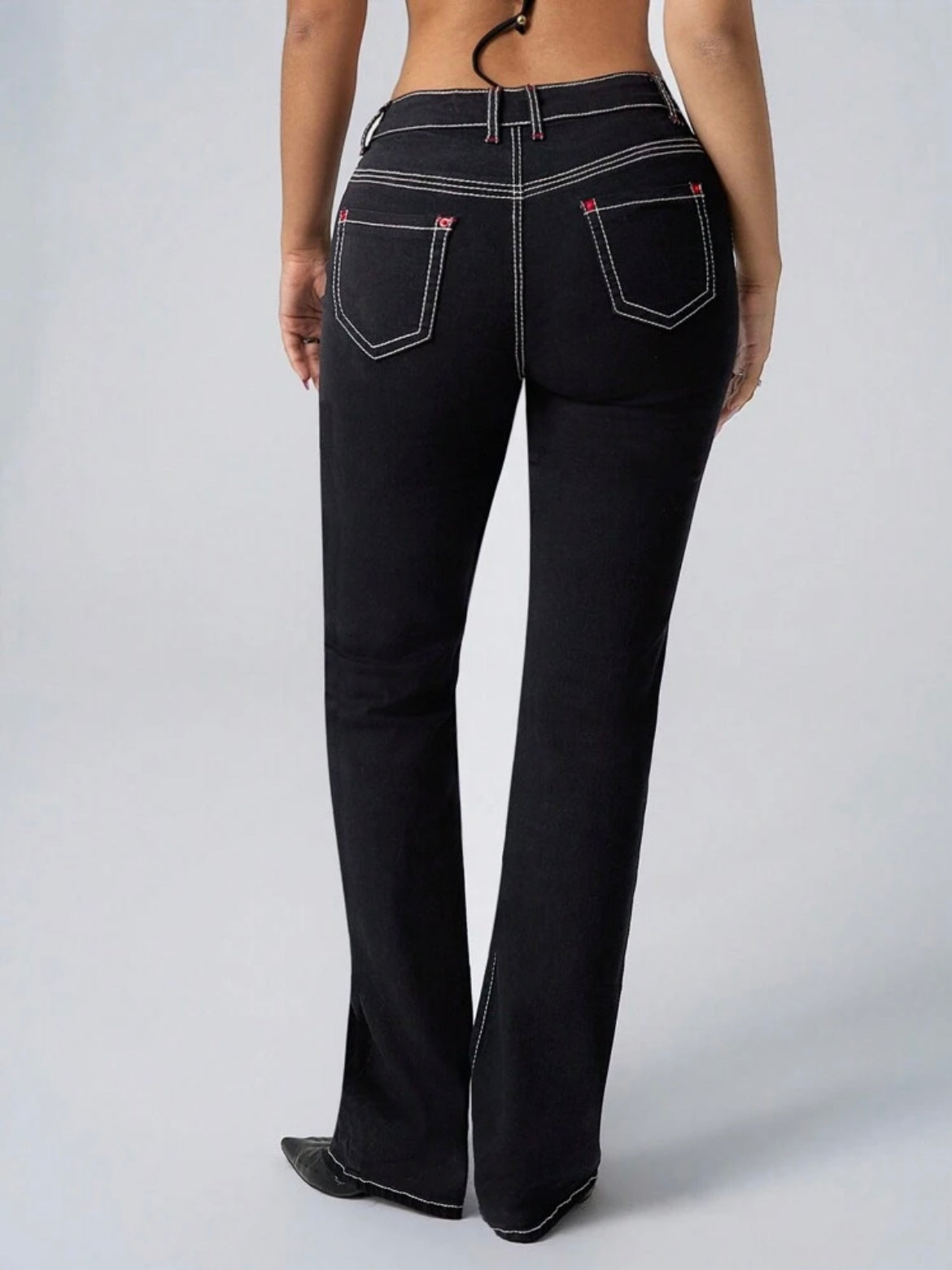 CM-BS111090 Women Casual Seoul Style Pocket Detail Stright Leg Washed Denim Jeans - Black