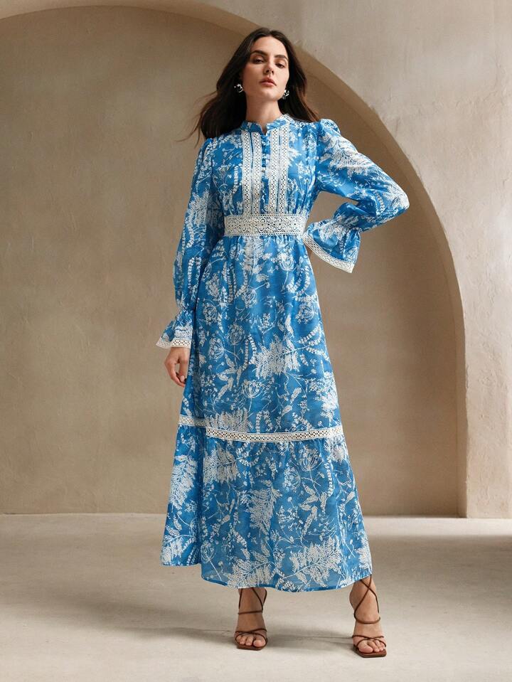 CM-DS146626 Women Elegant Seoul Style Stand Collar Long Sleeve Floral Print High Waist Flare Dress - Blue
