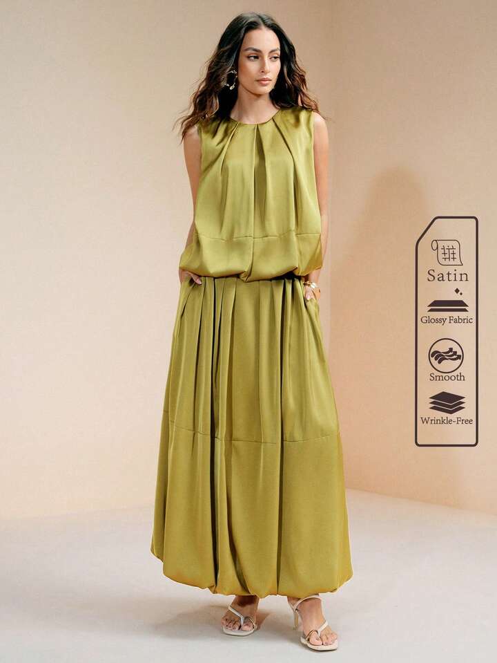 CM-SS530092 Women Elegant Seoul Style Round Neck Pleated Sleeveless Top With High Waist Peplum Skirt - Set