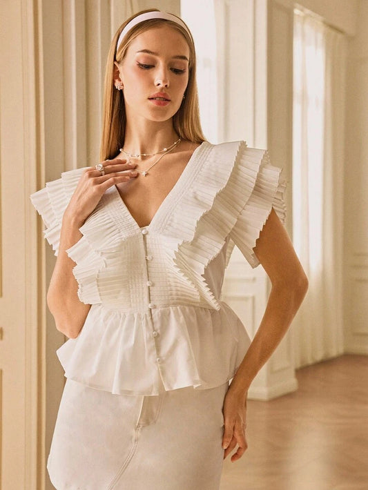 CM-TS670568 Women Elegant Seoul Style V-Neck Flounce Sleeve Multi-Layer Ruffle Pleated Blouse - White