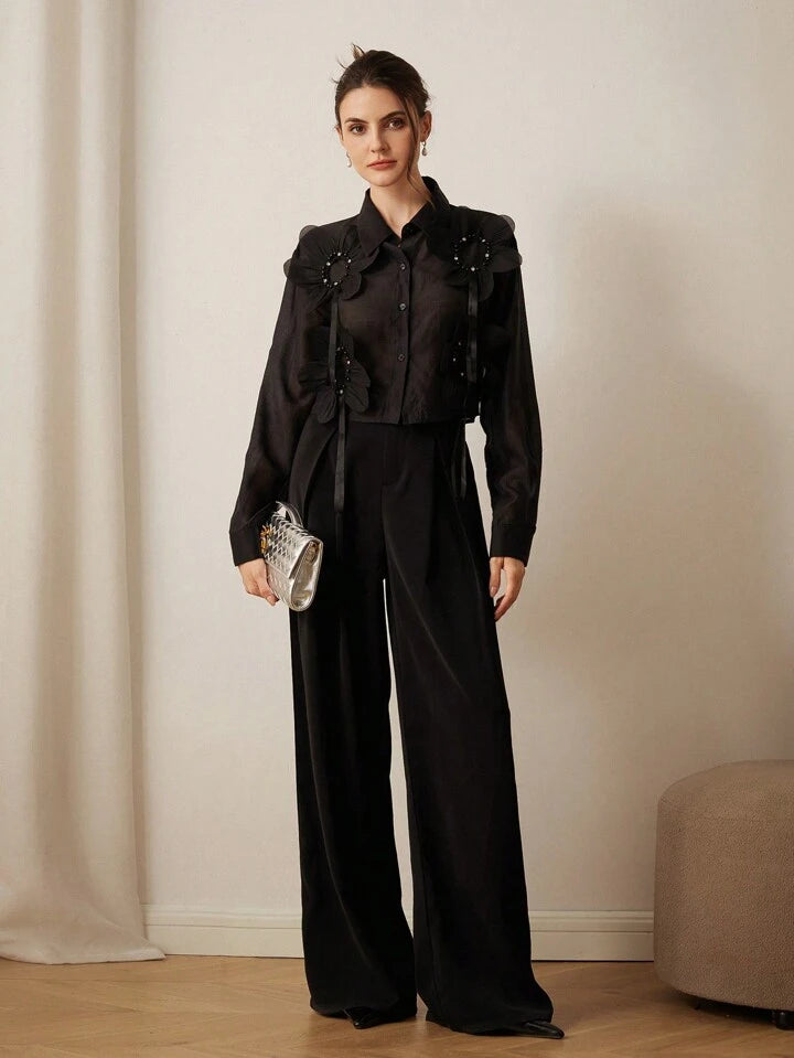 CM-TS577439 Women Elegant Seoul Style Floral Embroidery Sequins Splice Sheer Long Sleeve Blouse - Black