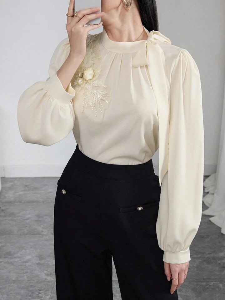 CM-TS625563 Women Casual Seoul Style Satin Applique Tie Shoulder Long Sleeve Blouse - Apricot