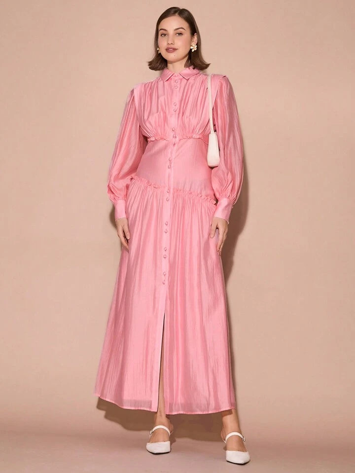 CM-DS410178 Women Elegant Seoul Style Collar Neckline Front Button Lantern Long Sleeve Gathered Maxi Dress