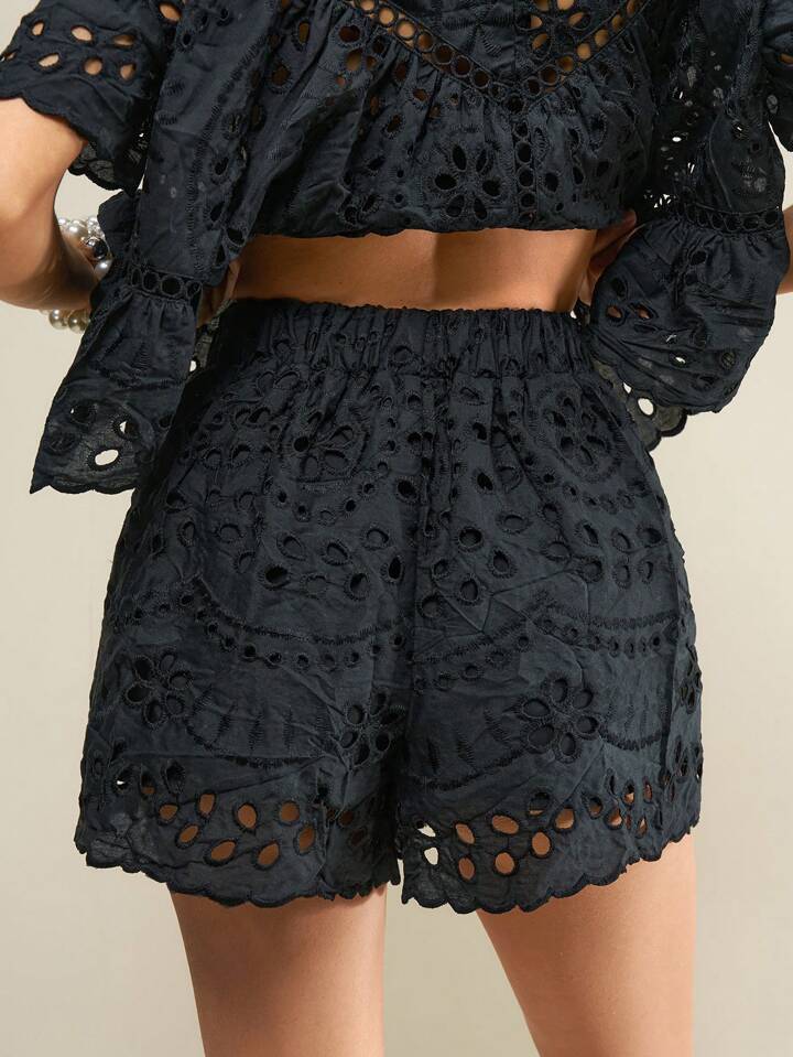 CM-SS113155 Women Casual Seoul Style Hollow Out Embroidered Loose Blouse With Wide Loose Shorts - Set
