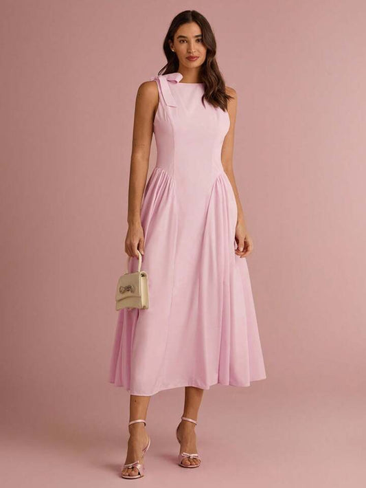 CM-DS311915 Women Elegant Seoul Style Bowknot Shoulder Sleeveless Pleated Long Dress - Pink