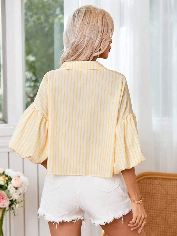 CM-TS705587 Women Casual Seoul Style Printed Striped Drop-Shoulder Bubble Sleeve Shirt