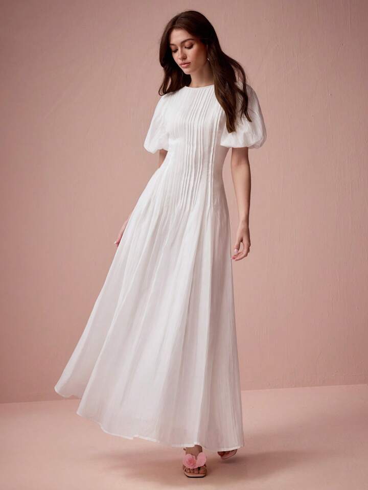 CM-DS127260 Women Elegant Seoul Style Round Neck Bubble Pleat Puff Long Sleeve Maxi Dress - White