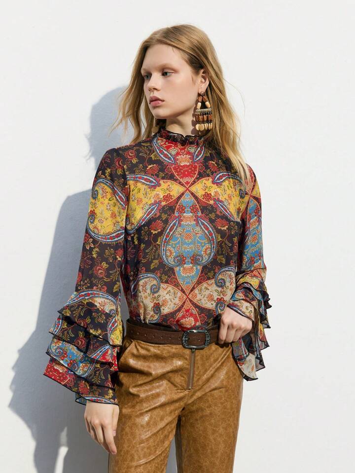 CM-TS979228 Women Trendy Bohemian Style Stand Collar Floral Print Bell Sleeve Layered Blouse