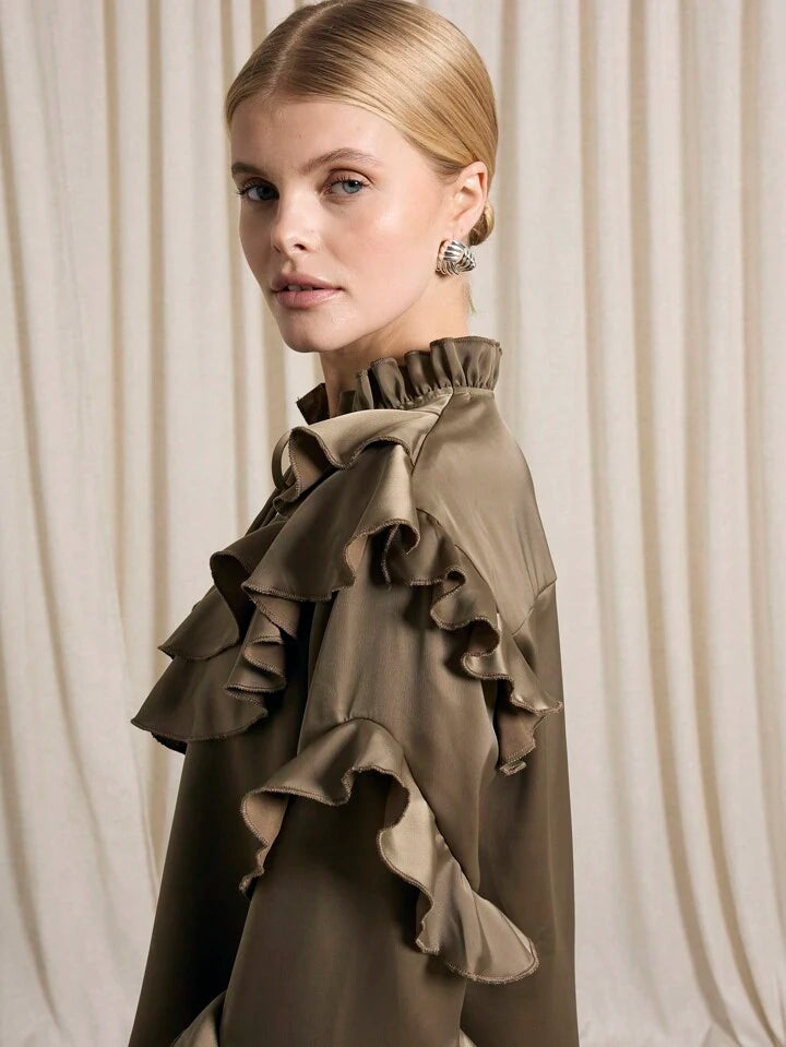 CM-TS920507 Women Elegant Seoul Style Keyhole Neckline Flounce Sleeve Satin Ruffle Blouse - Army Green