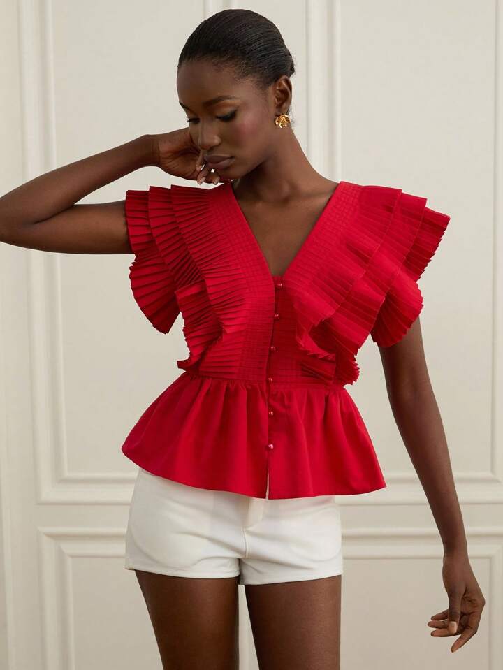 CM-TS888920 Women Elegant Seoul Style V-Neck Flounce Sleeve Multi-Layer Ruffle Pleated Blouse - Red