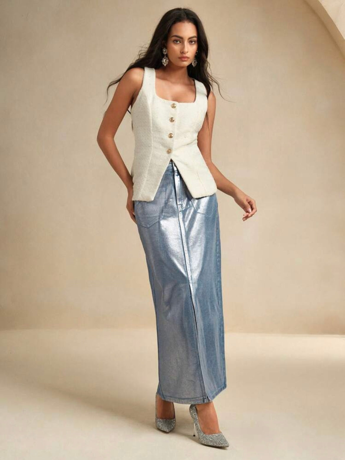 CM-BS400193 Women Casual Seoul Style Solid Color Pocketed Versatile Denim Maxi Skirt - Blue