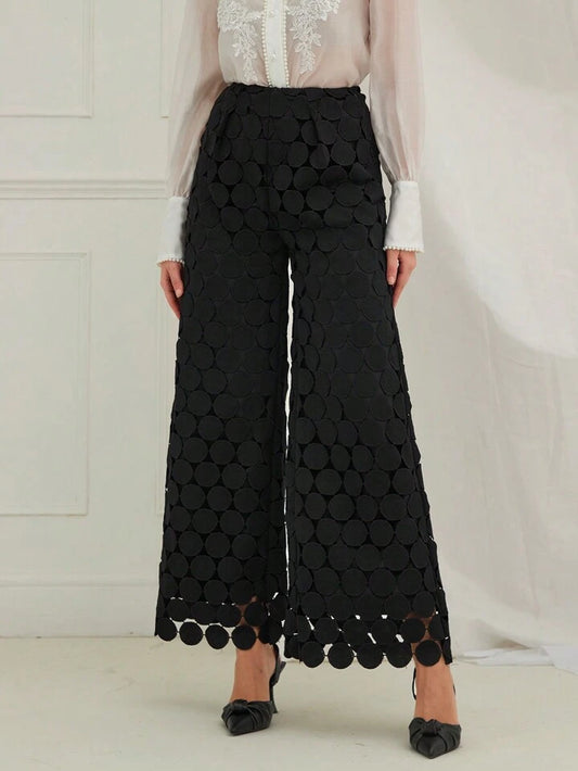CM-BS035384 Women Trendy Bohemian Style Elastic Waist Lace Straight Leg Trousers - Black