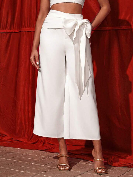 CM-BS843866 Women Casual Seoul Style High Waist Wide Leg Pants With Belt - White