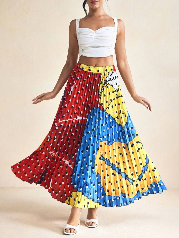 CM-BS924857 Women Elegant Seoul Style High Waist All-Over Print Geometric Pleated A-Line Skirt