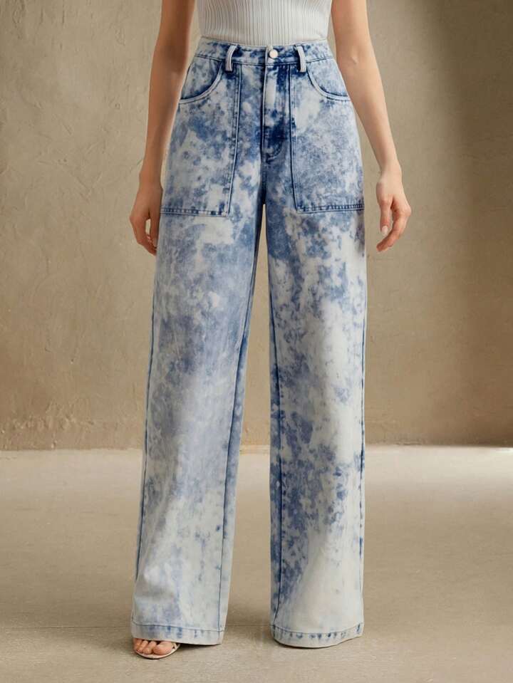 CM-BS002282 Women Elegant Seoul Style Light Wash Mid Waist Batik Tie-Dye Straight Leg Pants