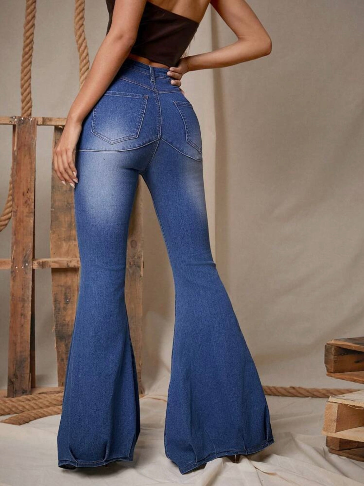 CM-BS919313 Women Casual Seoul Style Dark Wash Front Button High Waist Flare Leg Denim Pants
