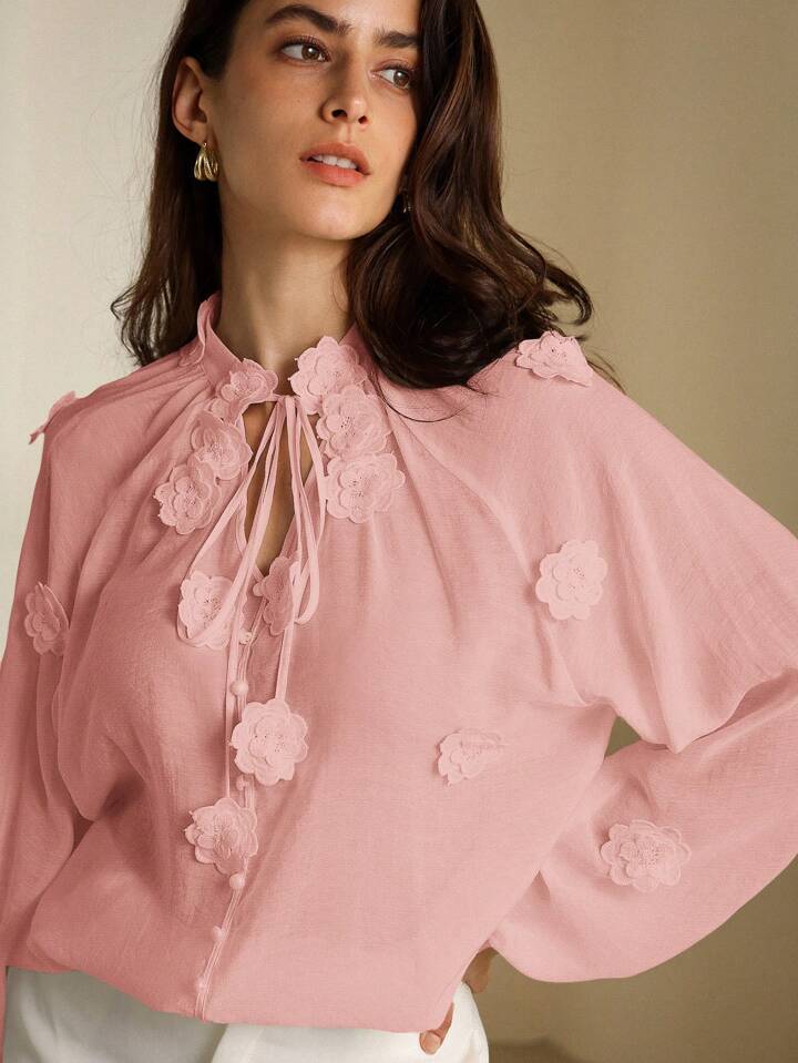 CM-TS319089 Women Elegant Seoul Style V-Neck Tie-Waist 3D Floral See-Through Blouse - Pink