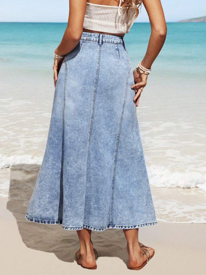 CM-BS573153 Women Casual Seoul Style Washed Asymmetrical Slit Fishtail Denim Skirt - Blue