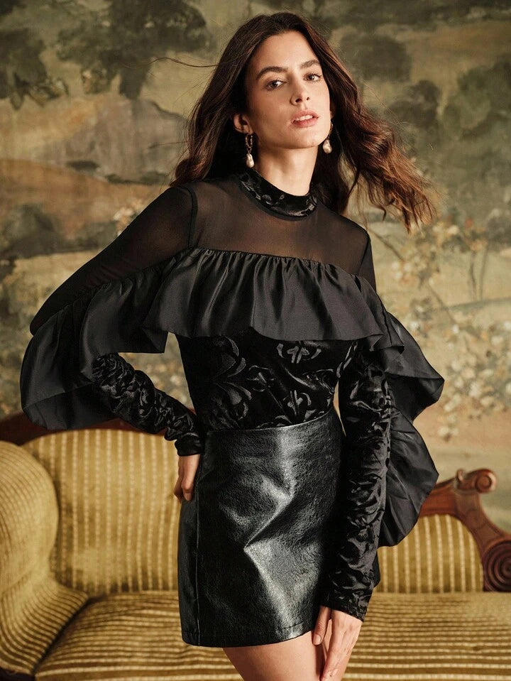 CM-TS838309 Women Elegant Seoul Style Round Neck Long Sleeve Ruffled Hem Layering Top - Black