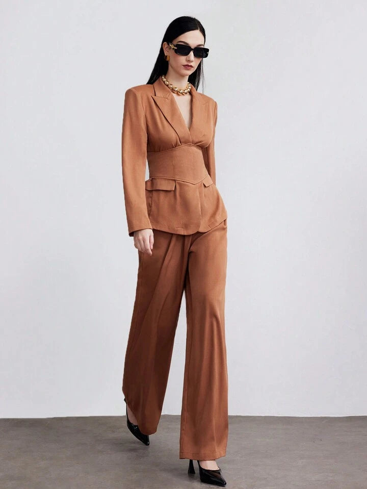 CM-SS265938 Women Elegant Seoul Style Shawl Collar Blazer Suit With Waist Band Long Pants - Set