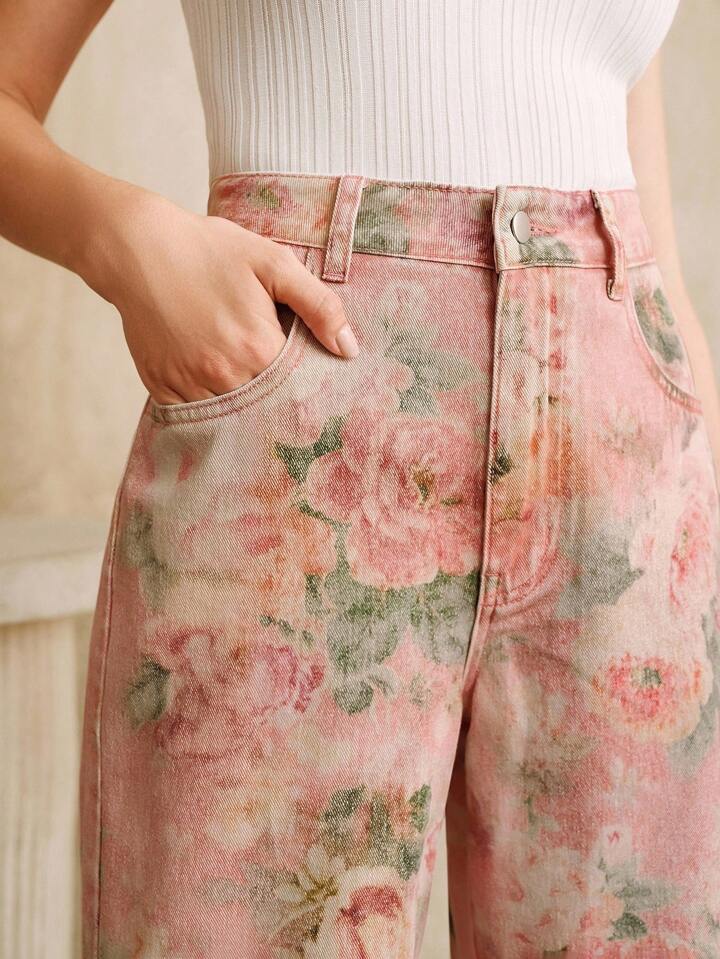 CM-BS799989 Women Casual Seoul Style Mid Waist Floral Printed Straight Leg Jeans - Pink