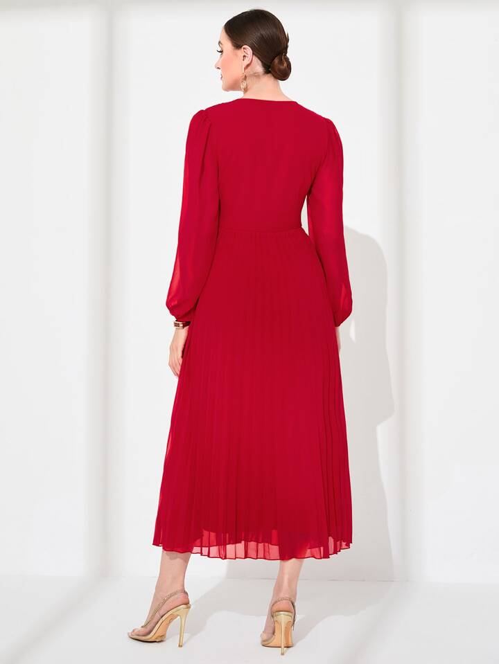 CM-DS747745 Women Elegant Seoul Style Surplice V-Neck High Waist Pleated Hem A-Line Dress - Red