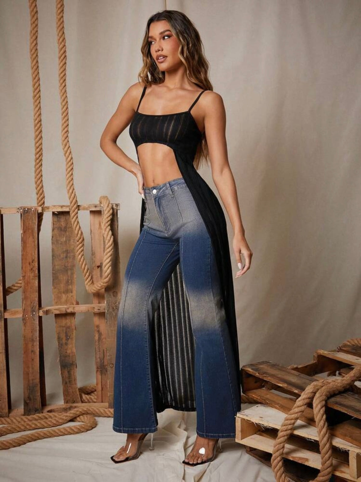 CM-BS983809 Women Casual Seoul Style Colorblock Low-Waist Front Button Wide-Leg Dark Denim Jeans