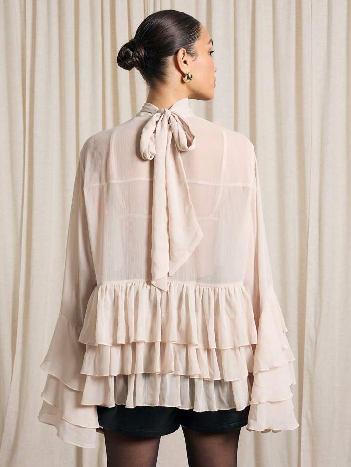 CM-TS243956 Women Elegant Seoul Style Tie Neck Bishop Sleeve Ruffle Volume Blouse - Apricot