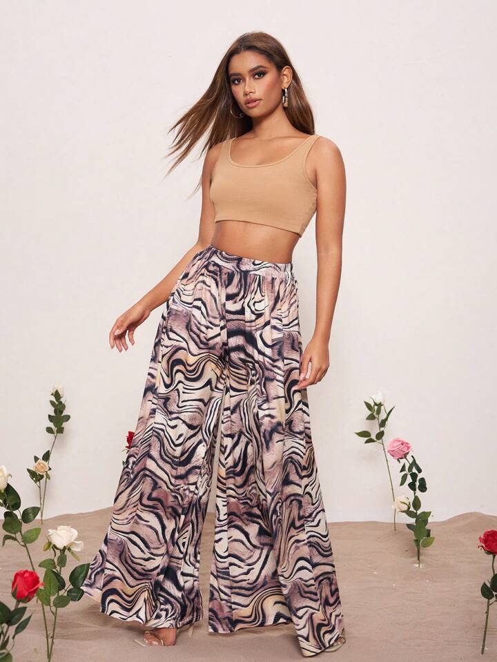 CM-BS218171 Women Casual Seoul Style High Waist Floral Print Wide Leg Pants