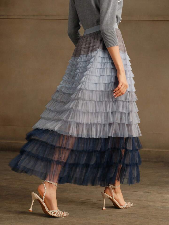 CM-BS752533 Women Elegant Seoul Style High Waist Gradient Mesh Contrast Cake Tulle Skirt - Blue